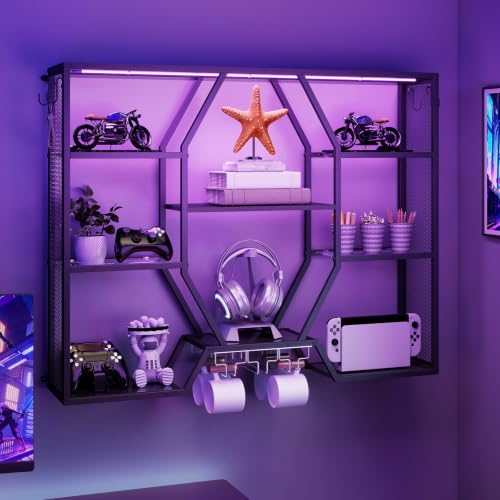 YU YUSING Étagère Vitrine Murale en Métal LED 9 Couleurs Porte-Verres à Vin