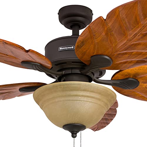 Honeywell Ceiling Fans Royal Palm, 52 Inch Tropical LED Ceiling Fan with Light, Pull Chain, Three Mounting Options, Hand Carved Solid Wood Blades - 50204-01 (Bronze) - Thumbnail 5