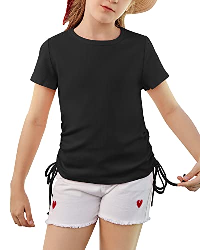 Imily Bela Girls Tees Shirts Cute Crew Neck Short Sleeve Side Drawstring Solid Tops Kids Children Summer Clothes Black #TOP1