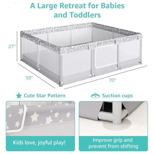 Large Baby Playpen for Babies and Toddlers - 70x59in Giant Play Pen for Babies 6-12 Months Big Play Yard for Toddlers 1-3 Play Pens for Toddler Indoors Playyard Fence Pin Corrales para Bebes Grey-s