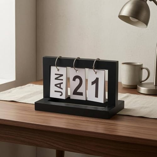 DYNWAVE Desk Calendar Display Desk Calendar Table Calendar Calendar With Wood And Iron Construction And Paper Date Cards Suitable for office desk home study classroom reception counter , White , Flip Calendar - Image 7