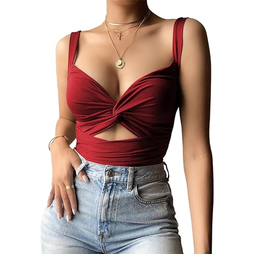Hanaoops Camiseta sin Mangas para Mujer Top Sexy Crop Top Cuello en V Camisetas Casual Tank Top Sin Vientre Verano Camisola Camiseta de Tirantes Corte Entallado para Cócteles