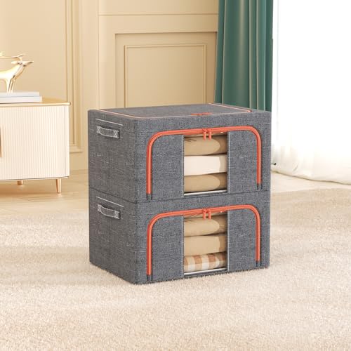 Image of HOKIPO 24L Small Folding Storage Box and Organiser for Clothes, Wardrobe Storage Box, Ash Grey Pack of 2 (AR-6672-AGRY*2)