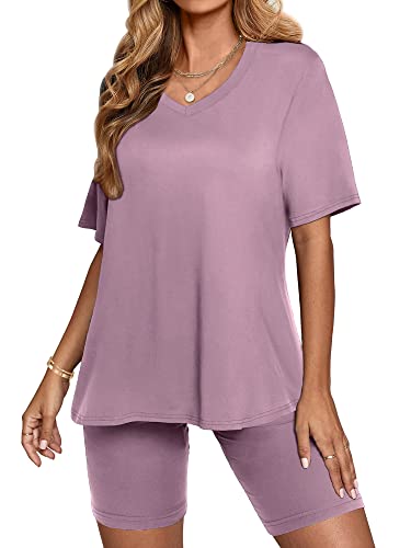 Agseem Vacation Outfits For Women 2 Piece Summer High Waist Sweatsuits Set Purple M #TOP1