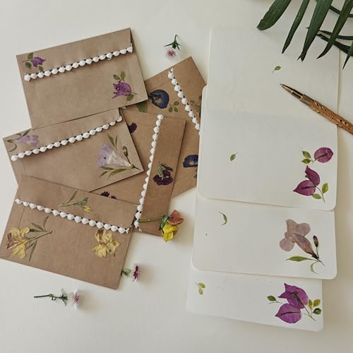 Image of PetalsByShweta, Pack of 8, A5 size pressed flower letter writing papers with Envelopes . White Kraft Paper Envelopes | Note pads | Envelopes for cards | Pressed Flower Design | Wedding invites | invitation writing paper | Thank you notes writing (Gulbahar brown)