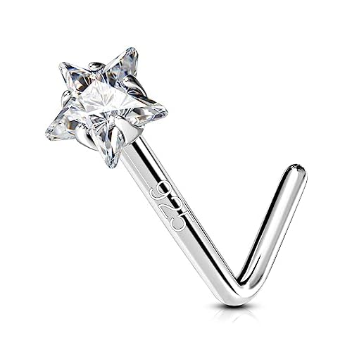 OUFER 925 Sterling Silver Nose Studs, L Shaped Nose Rings Studs, 20G Nostril Solid 3mm Star CZ Nose Piercing Jewelry, Nose Studs For Women Men (L - 3mm Star)