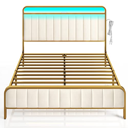 Rolanstar BF007-OW-F-RR-FBM-US-RG Full Size Bed Frame With Led Light And Charging Station, Upholstered Headboard And Footboard, Metal Slat, Noise Free, Easy Assembly, Golden thumb #6
