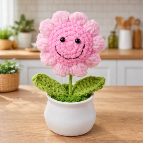 Image of Amazon Brand - Umi Handmade Crochet Flower Pot for Home & Office Decor, Cute Smiling Floral Tabletop Showpiece, Aesthetic Desk Decoration, Unique Gift for Friends Family & Loved Ones (Sunny Pink)