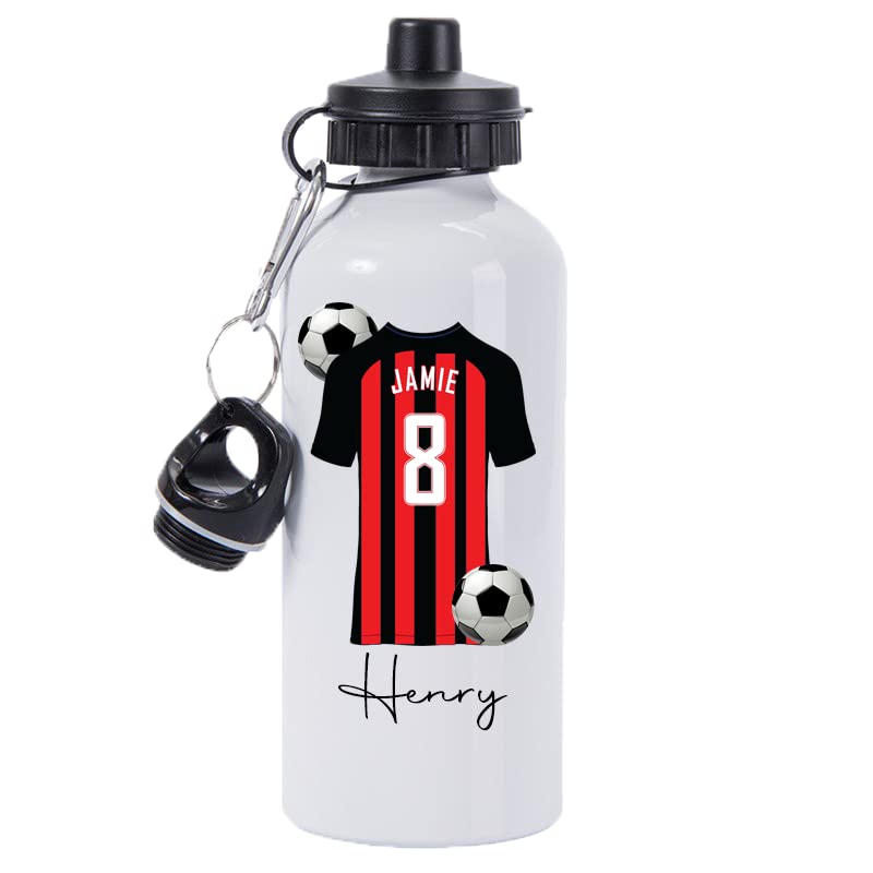 Pickhut Personalised Football 600ml White Aluminium Sports Water Bottle Back to School Gift for Kids, Customised with Name/Number/Text with Football Shirt Red & Black Stripes Jersey Kit (D2) โ image 1
