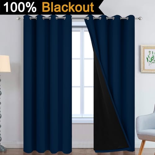 Image of Yakamok Dark Blue 100% Blackout Curtains 96 Inches Long 52 inch Wide 2 Panels | Blackout Curtain Panels for Bedroom, 2 Thick Layers Grommet Top Thermal Insulated Drapes with Black Liner for Living Room