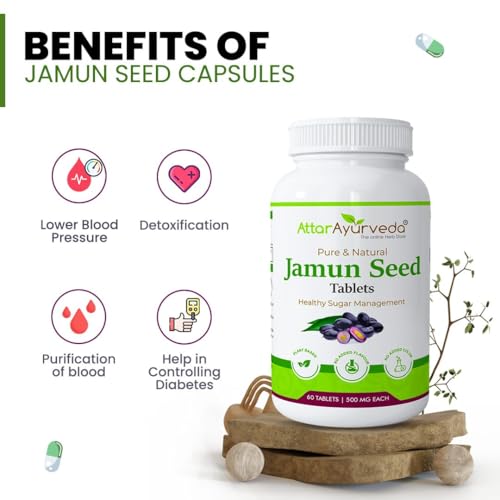 Image of Attar Ayurveda Jamun Seed Extract tablet 500mg, 60 tablets | Beneficial in controlling Blood Sugar Levels, Boosting Digestion, Blood purification and Detoxification (Pack of 1)