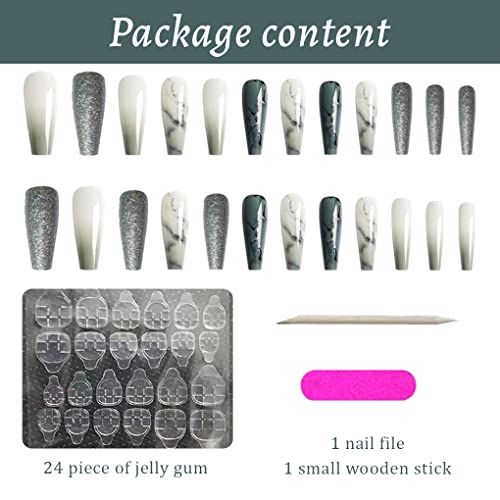 French Tip Press On Nails Long With Bling Design Marble Coffin Fake Nails Tips Full Cover Acrylic False Nails For Women And Girls Gift 24Pcs(D) #TOP4
