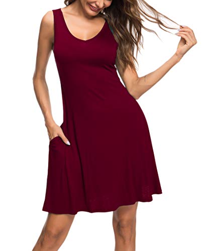 Misfay Women's Summer Casual T Shirt Dresses Beach Cover Up Plain Tank Dress With Pockets (S, Wine Red) #TOP2