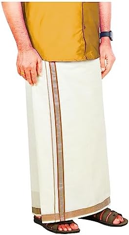 Mens Silver Jari Line Border 100% Cotton Cream Dhoti 4.00 Meters Double Mundu/Vesti