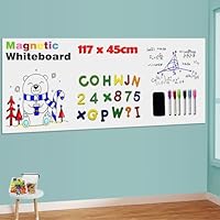 LACQWO Magnetic Whiteboard Paper for Wall 117 x 45CM Adhesive Dry Erase White Board Sticker with 53 Magnetic Letters 6 Markers for Kid Removable Peel and Stick Whiteboard Wallpaper Roll