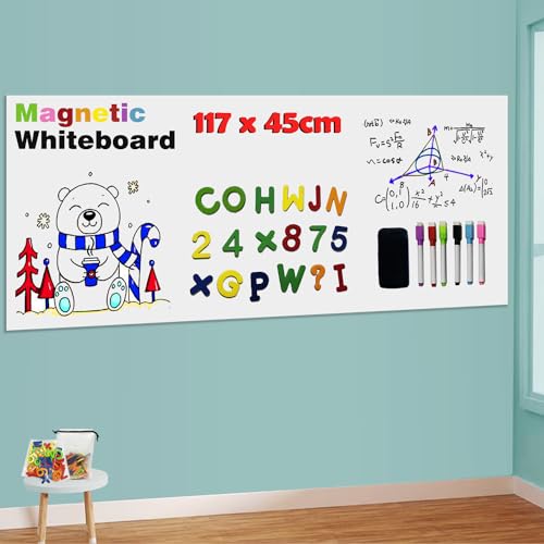 LACQWO Magnetic Whiteboard Paper for Wall 117 x 45CM Adhesive Magnetic Dry Erase White Board Sticker with 53 Magnetic Letters 6 Markers for Kid Removable Peel and Stick Whiteboard Wallpaper Roll