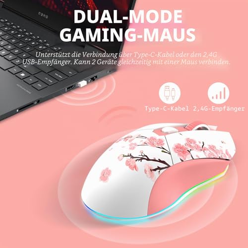 DAREU Sakura Pink Gaming Maus Kabellose mit Magnetic Charging Dock Wiederaufladbar RGB,12K DPI, 6 Programmierbare Tasten… – Ansicht 3