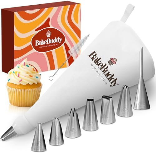 BakeBuddy Premium Spritzbeutel Set (11 teilig) aus Baumwolle mit Tüllen | Wiederverwendbar & spülmaschinenfest, mit Edelstahl Spritztüllen, ink. Adapter und Geschenkbox zum Dekorie