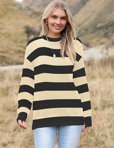 Image of Zeagoo Women 2026 Fall Lightweight Oversized Sweater Crew Neck Long Sleeve Color Block Pullover Rib Knit Blouse Tops XS-2XL