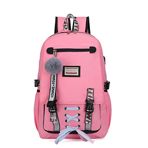 BINGHONG3 Bingong3 Sac à Dos d'école, Charge USB, avec verrou pour Femme, Grande capacité, antivol pour Ordinateur Portable, Sac à Dos pour Adolescentes Rose Rose