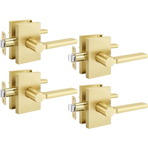 Goldenwarm Brushed Gold Passage Door Handles for Interior Doors, Zinc Alloy Gold Door Handles for Hallway & Closet & Living Room, Non-Locking Function, Adjustable & Reversible - 4 Pack
