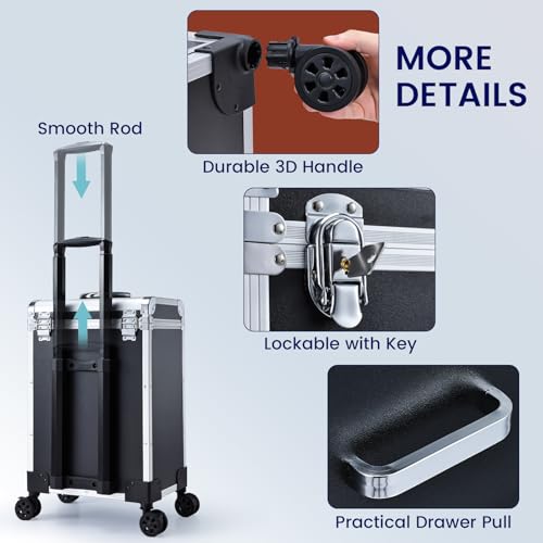 Maleta Maquillaje Professional Maletín Maquillaje Caja Maquillaje Maletín uñas Maletín Peluquería con Ruedas Maletin manicura Organizador de Maquillaje para Maquillaje/uñas/Cabello, Negro - imagen 6