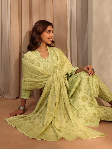 Image of Libas Printed Cotton Straight Kurta With Trouser and Dupatta