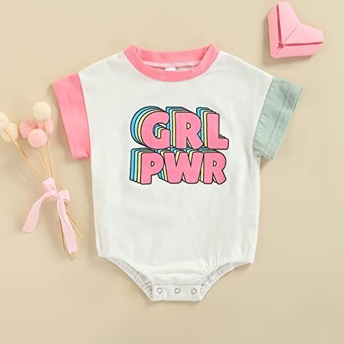 Infant Baby Girl Boy Crewneck Rompers Oversized Short Sleeve Letter Contrast Color T-Shirt Top Jumpsuit Summer Clothes (Pink Grl Pwr, 12-18 Months) #TOP4
