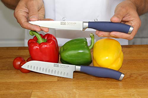 Taylors Eye Witness Syracuse Asian Kitchen Knife Set - Chefs Santoku 13cm/5” & Cooks All Purpose 13cm/5” Cutting Edge, Multi Use. Ultra Fine, Razor Sharp Blade. Soft Textured Grip Denim Blue Handle. - Image 8