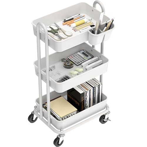White 3-Tier Rolling Utility Cart with Hanging Bucket