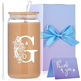 Initial Glass Cups with Lids and Straws, Monogrammed Gifts for Women, 16oz Beer Glass Tumbler, Iced Coffee Mug, Personalized Gift for Christmas. Employee Appreciation Gifts Birthday Gift for Her (G)