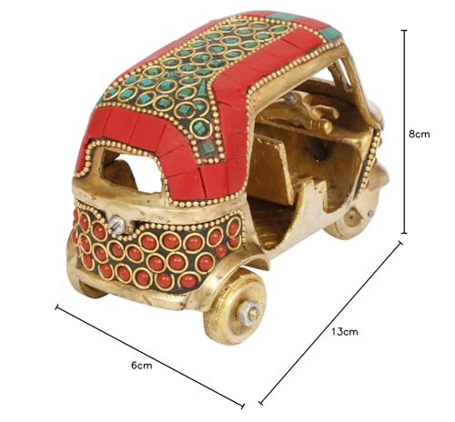 Kartique Brass Auto Rickshaw Handcrafted Indian Souvenir | Tuk Tuk Vehicle Decor | Stone-Studded Showpiece & Gift Item (Red)