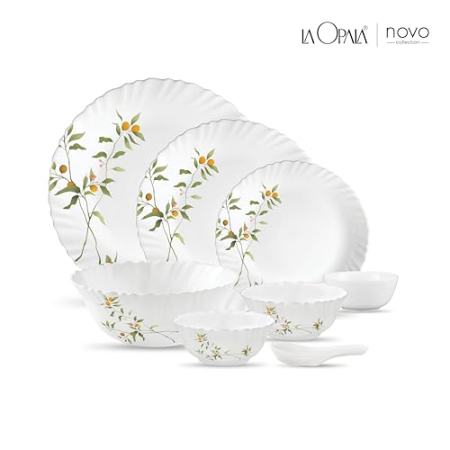 Image of La Opala Novo Collection Opal Glass Crockery | for Family of 6 | Dinner Set 35 pcs Vivid Greens | Plates & Bowls for Dining | Microwave Safe | 100% Vegetarian | Extra Strong | Light & White