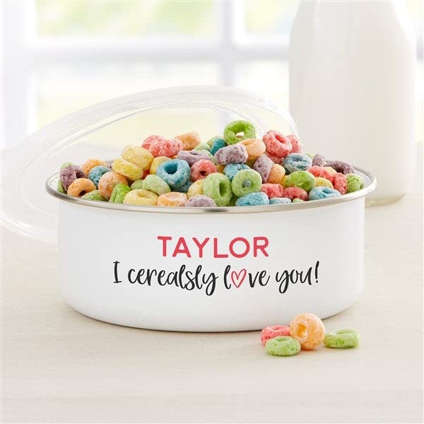 Personalization Universe I Cerealsly Love You Enamel Bowl with Lid - Customizable Romantic Gift, Perfect for Cereal, Snacks, 20oz Serving Size, Kids, Valentine's Day Gift Idea