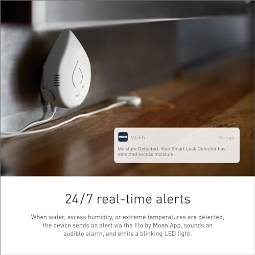 Image of Moen Flo Smart Water Leak Detector, White, 4-Pack 920-005 + 2-Pack 6-Foot Leak Sensing Cable