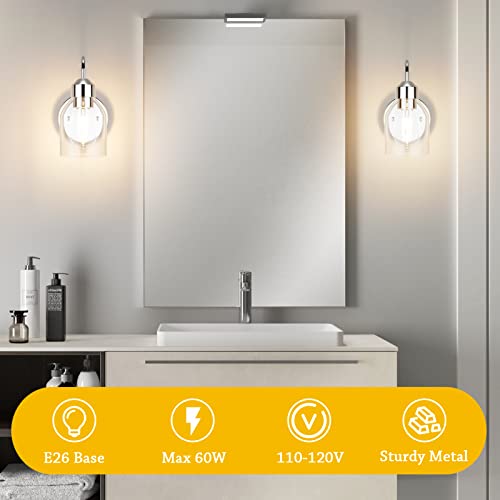 Image of Chrome Sconces Wall Lighting, Wall Sconces Set of 2, Modern Bathroom Vanity Light Fixtures, Farmhouse Metal Wall Lamp with Clear Glass Shade, Wall Mount Lights for Mirror Bedroom Hallway