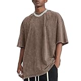 Bobeutou Oversized Vintage Acid Wash Tshirt for Men Cotton Solid T Shirt Streetwear Basic Tees Casual Baggy Loose Shirts Tops (Coffee,3XL)