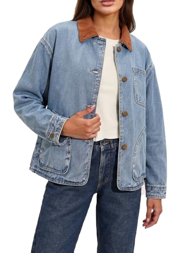 Image of Fnortc Womens Oversized Jeans Jacket Casual Long Sleeve Corduroy Collar Barn Boyfriend Trendy Denim Jacket Coat with Pockets