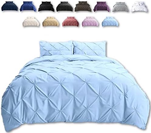 TheWhiteWater Double Duvet Set - 3 in 1 Double Bedding Set - Duvet Cover + Fitted Bed Sheet + Matching Pillowcases - Natural Cotton + Virgin Polyester - Hand Stitched Pintuck Pleated Cover (Pink)