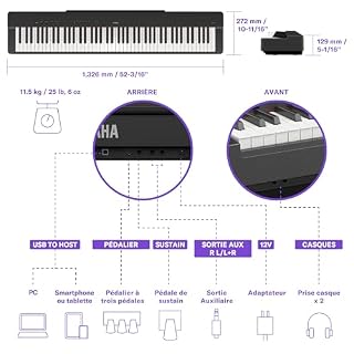 Yamaha P-225 Piano numérique léger et portable avec clavier Graded-Hammer-Compact à 88 touches et 24 voix instrumentales, en noir – Image 6