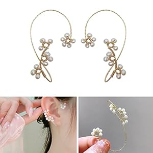 LIUU 1 Pair Vintage Ear Cuff Earrings,Women Fashion Beading Ear Hook Earrings Ear Wrap Pearl Flower Ear Clips Crawler Hook Earrings Non Piercing Jewelry for Women Girls (White)