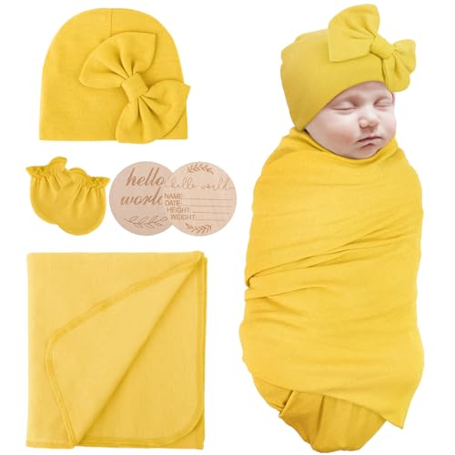 Image of AQOKKA Newborn Receiving Blanket with Bow Hat Mittens Wooden Card Set Newborns Toddler Baby Boy Girl Nursery Swaddle Wrap