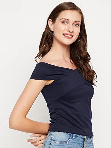 Image of LE BOURGEOIS Women Solid Slim Fit Western Off-Shoulder Short Sleeve Crop Top