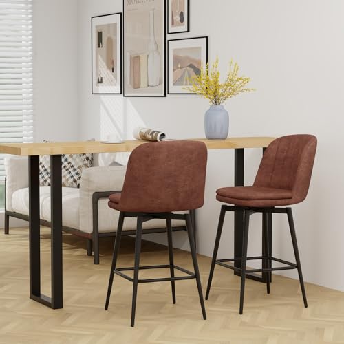 Image of COSTWAY Bar Stool Set of 2, 27 Inch Swivel Counter Height Chair with Padded Seat, Metal Legs & Footrest, PU Leather Bar Chair for Kitchen Island (2)