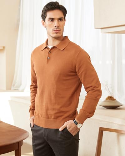 Image of Kallspin Mens 100% Cotton Polo Sweater Long Sleeve Button Down Knit Pullover Relaxed Fit Collared Casual Tops