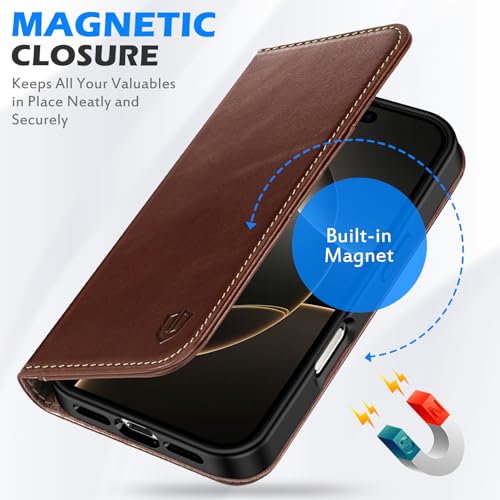 SHIELDON Case for iPhone 16 Pro 5G 2024, Genuine Leather Flip Wallet Magnetic Closure Cover Kickstand RFID Blocking Credit Card Holder Protective Case Compatible with iPhone 16 Pro 6.3" - Retro Coffee by SHIELDON - Used condition - Image 7