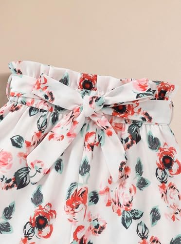 Image of Girls 2 Piece Outfits Summer Ruffle Sleeve Top and High Waisted Striped Shorts Set, Cute Casual Clothes for Girls 7-14 Pink Floral 13-14 Years