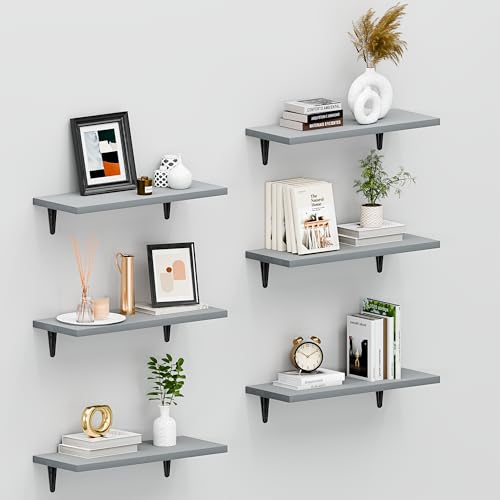 Image of SKYSEN Floating Shelves for Wall Set of 6, 15.7in Wood Wall Shelf for Decor, Bathroom, Bedroom, Storage, Book,Kitchen, Living Room - Grey(fs-40-g)