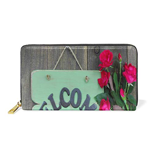 Preisvergleich Produktbild GIGIJY Geldbörse mit Aufschrift Welcome Sign with Spring Flower, mehrere Kreditkartenfächer, Tasche für Frauen, echtes Leder, mit Reißverschluss