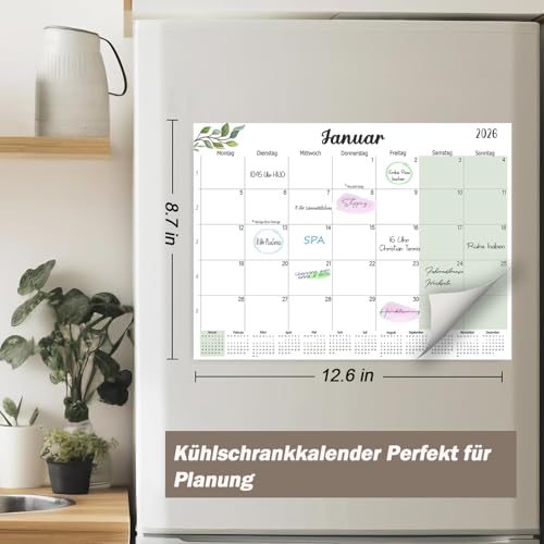 Qupuce Magnet Kalender kühlschrank 2026 A4 cm, Magnetischer Kalender von Jan.2026 bis Dez. 2026, Monatsplaner/Wandkalender Familienkalender für Zuhause oder Büro